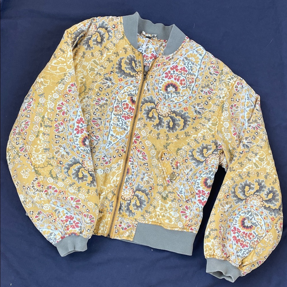 Free People Yellow Floral Bomber Jacket